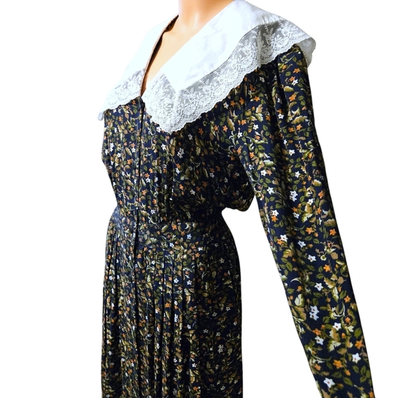 VTG 80s Karin Stevens Floral Midi Dress 8 Lace Collar Pocket Prairie Cottagecore - Picture 6 of 16